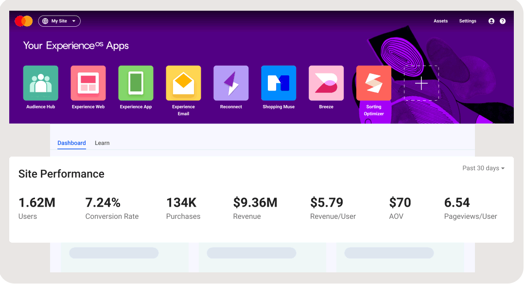 GIF que muestra las numerosas aplicaciones y métricas de rendimiento disponibles en Experience OS.