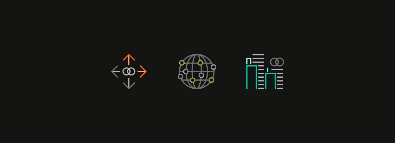 Un serial de tres iconos sobre fondo negro, que representan la conectividad de Mastercard y el crecimiento empresarial.