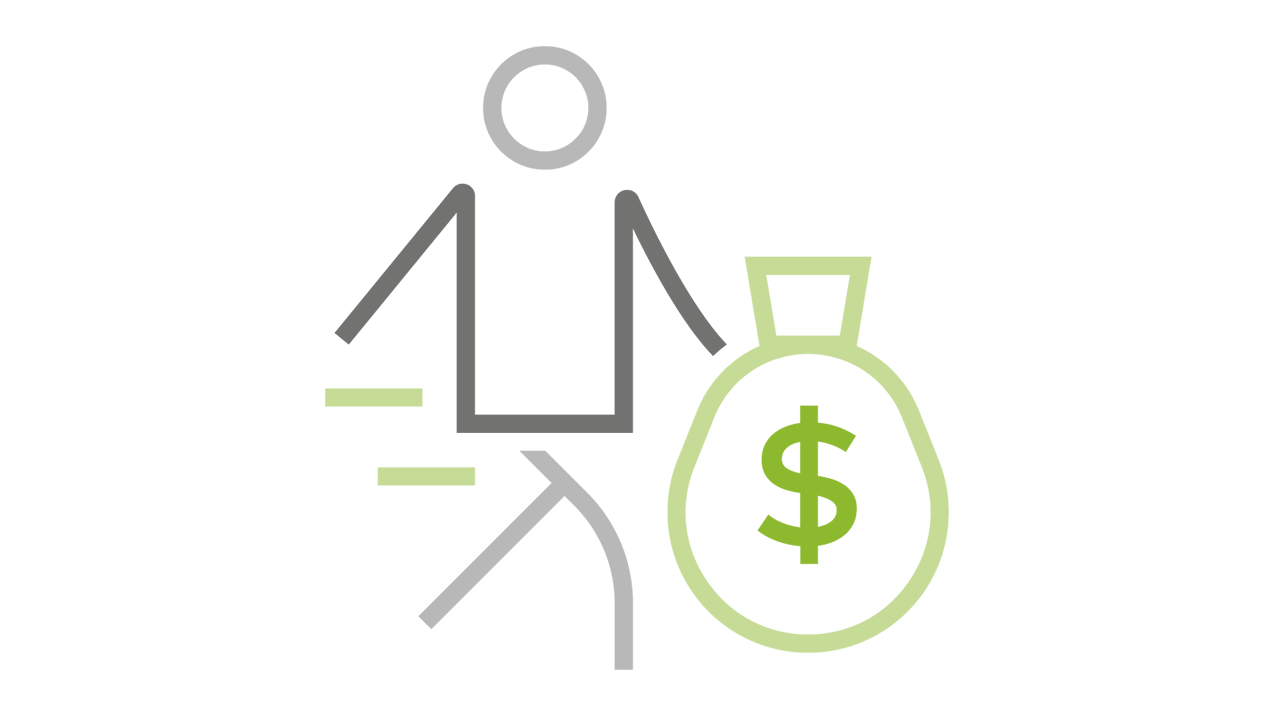 Stilizált ikon: mozgásban lévő figura pénzeszsákkal