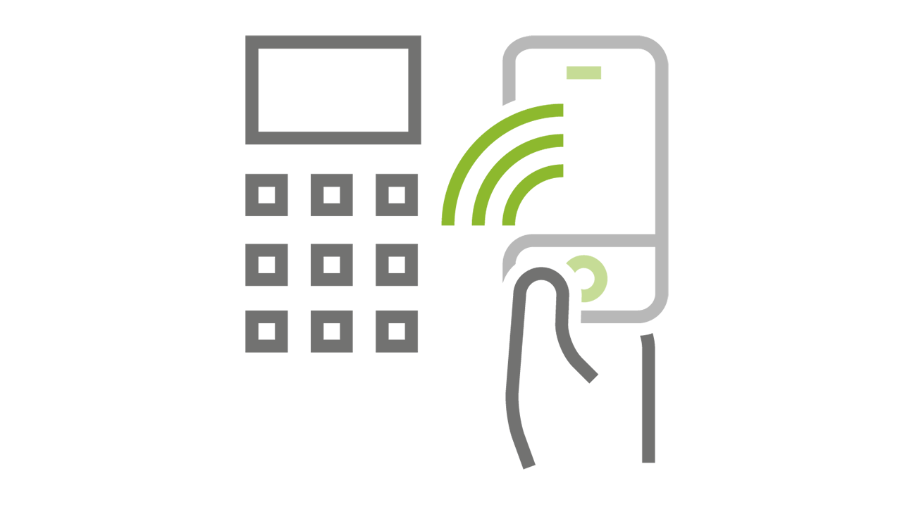 Stilizált ikon: érintésmentes mobilfizetés terminálnál – gyors, NFC-alapú tranzakció jelképe.