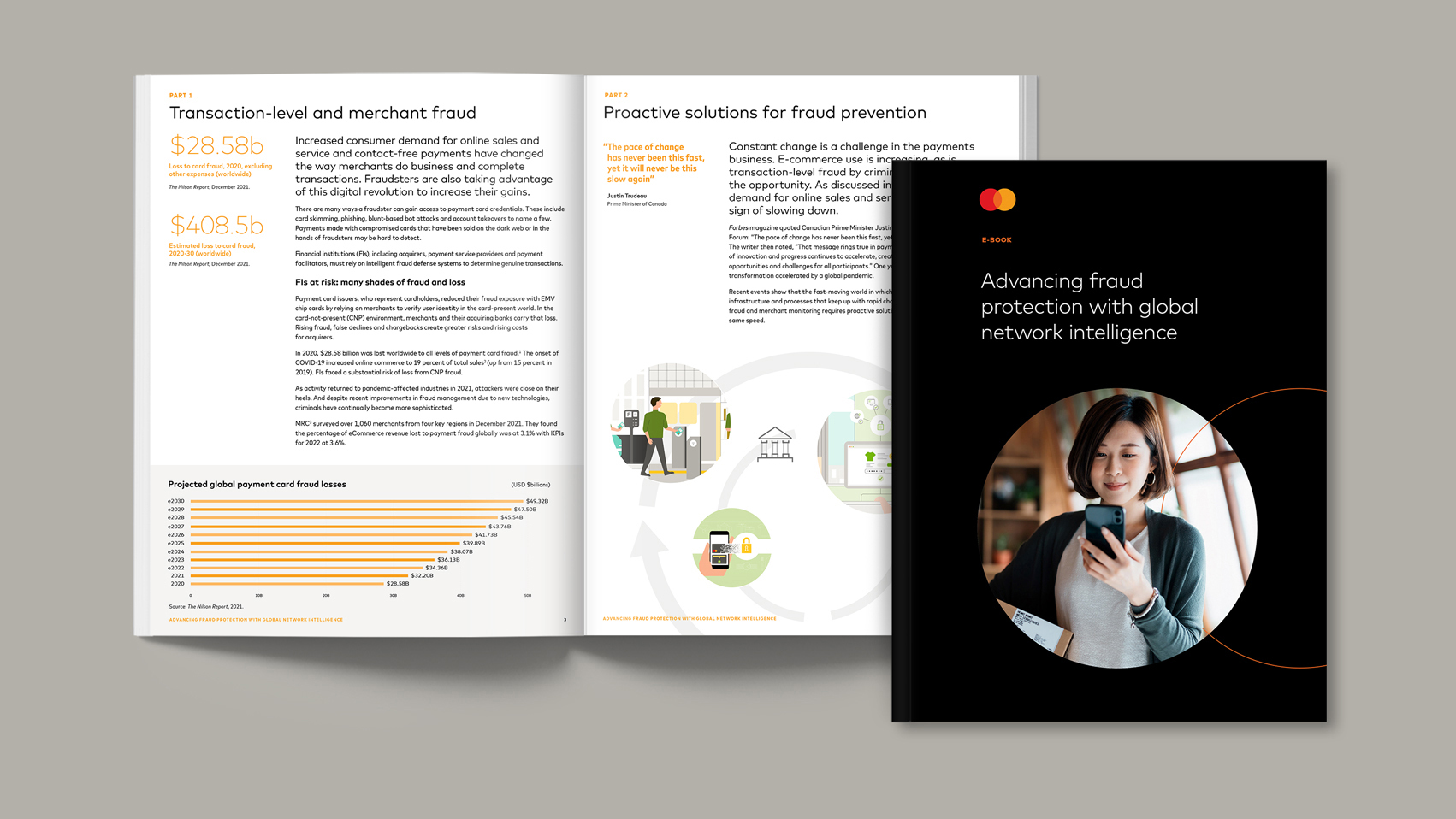 Woman looking at phone report cover