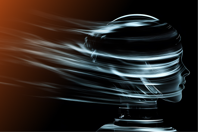 Ένα φουτουριστικό, ημιδιαφανές ανθρώπινο προφίλ με ψηφιακές γραμμές που ρέουν προς τα πίσω.