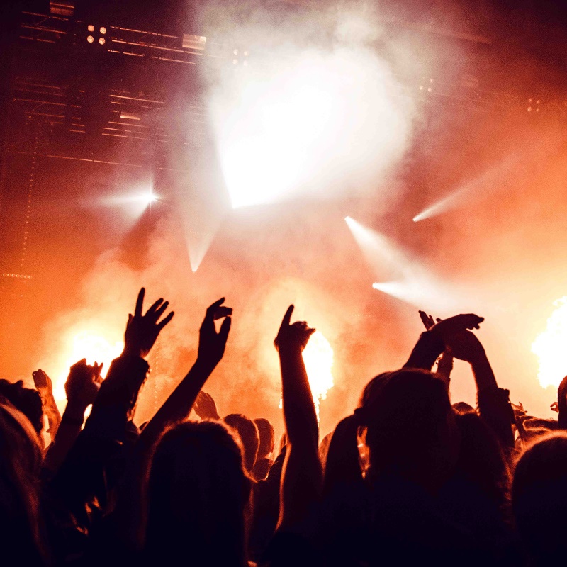 Music fans dance at a concert during a light show. 