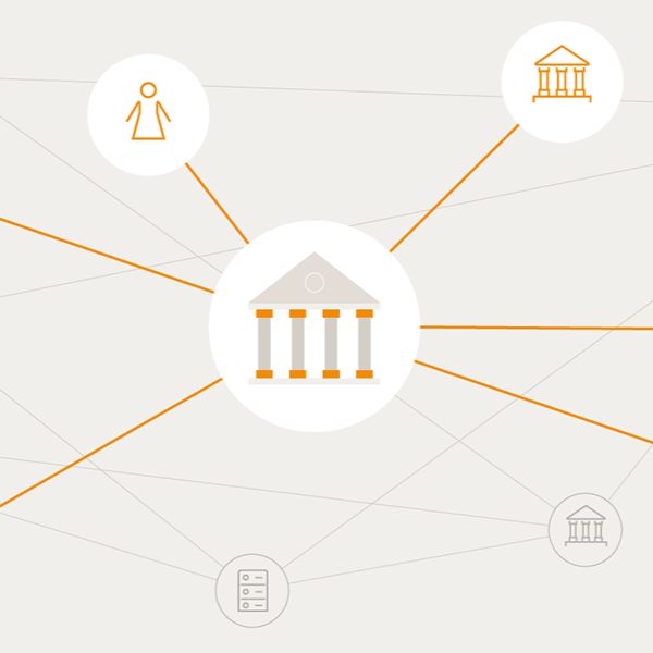 Imágenes prediseñadas de una institución financiera con ramas que vienen del centro.