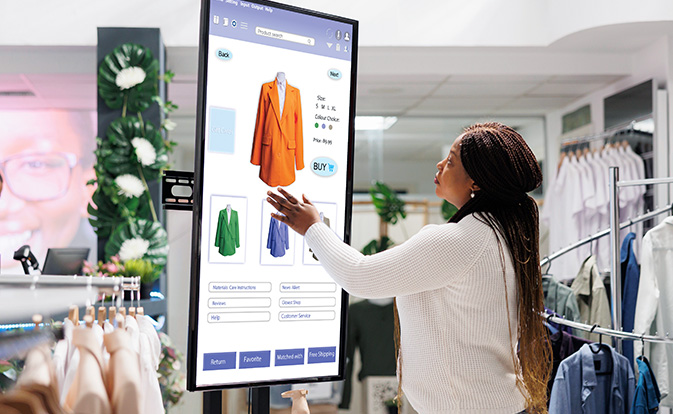 Woman buyer selecting clothes on touchscreen digital board.