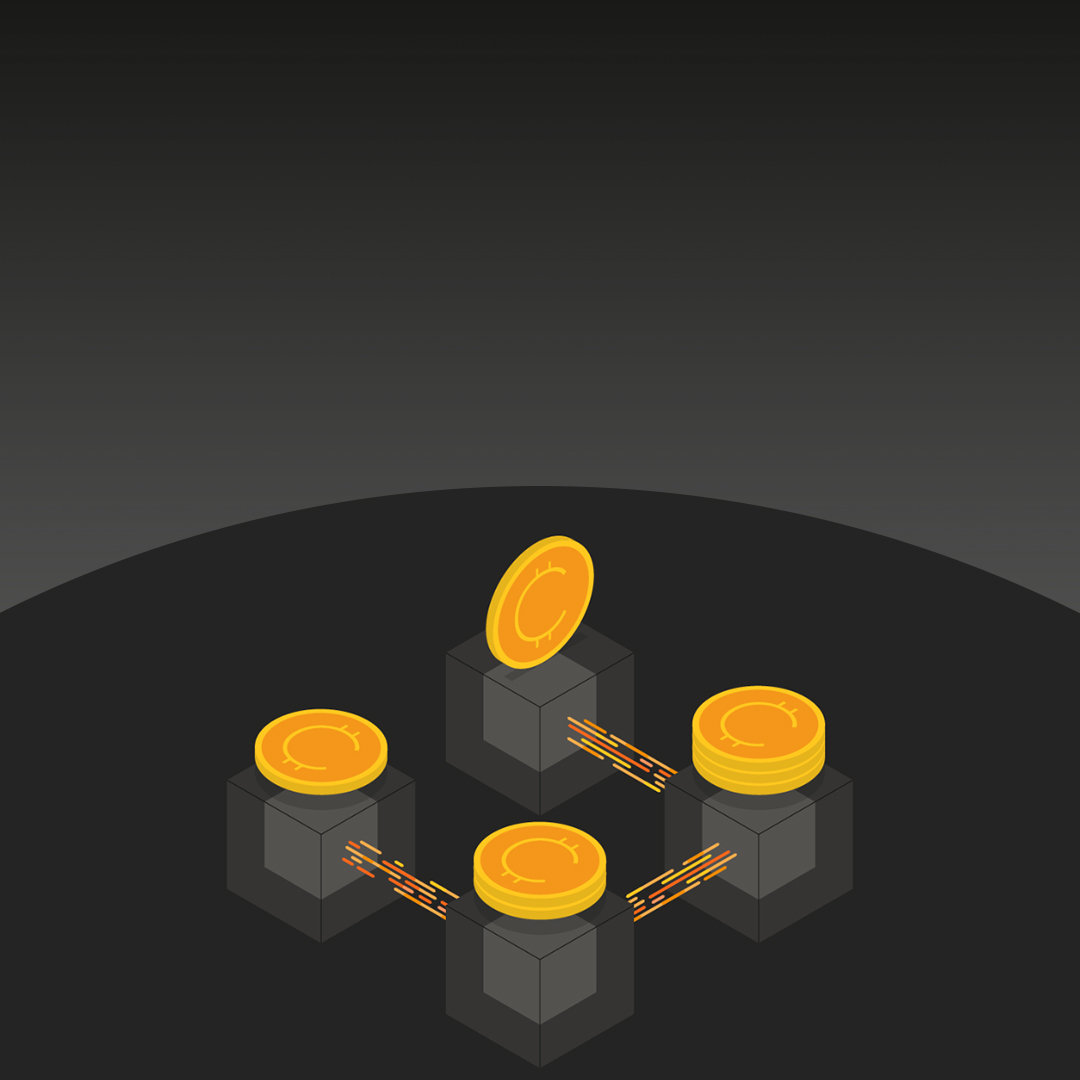 Illustration of stacked gold coins on interconnected gray cubes.