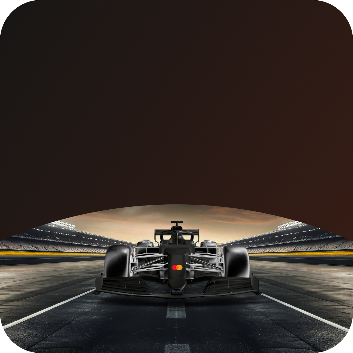 A racecar speeding forward, track in the background