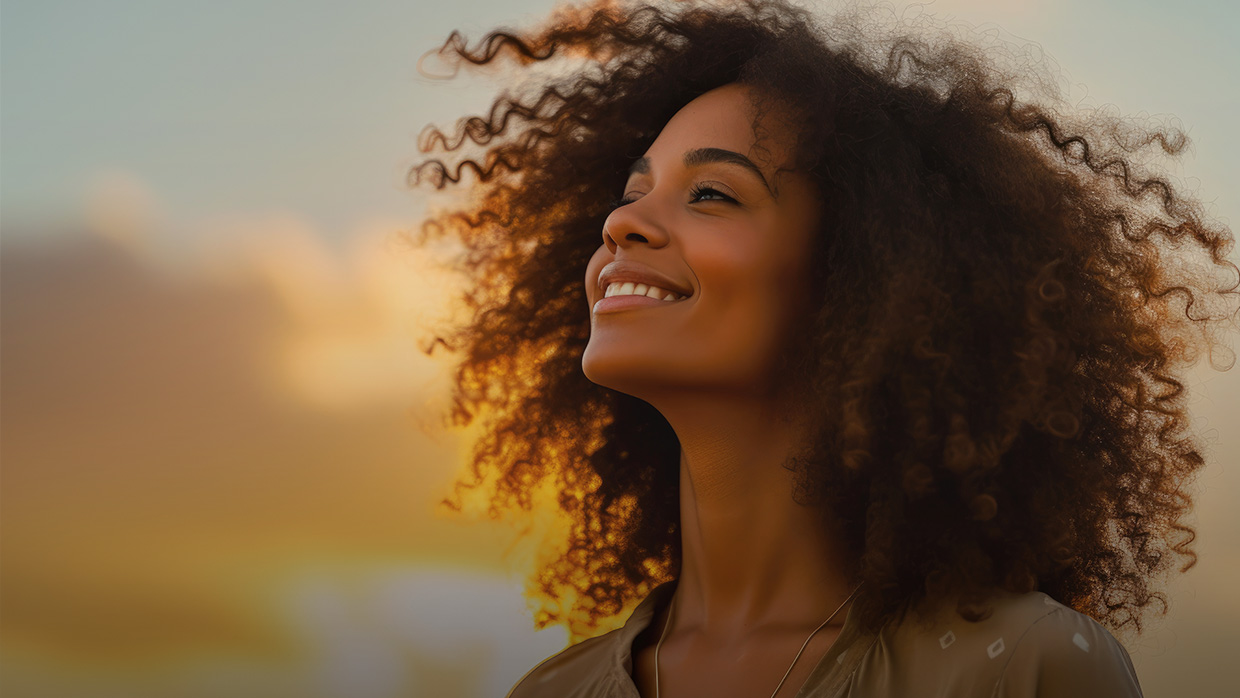 Nainen katsoo ylös taivaalle. 