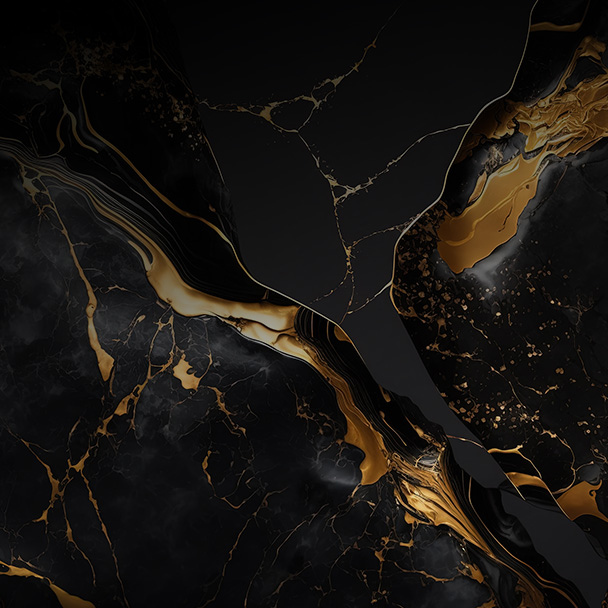 Œuvre d'art abstraite présentant une texture marbrée sombre avec des veines dorées.
