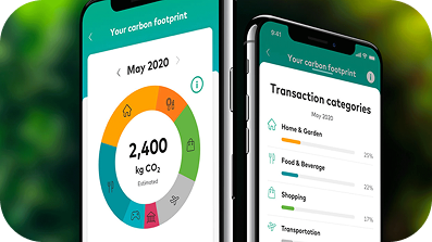 Deux smartphones affichant des statistiques sur l'empreinte carbone.