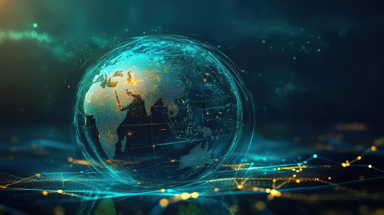 Digital rendering of Earth with glowing lines and nodes symbolising global payments network.