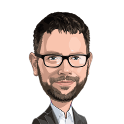 Money 20/20 style cartoon headshot of Scott Abraham, Global Head of Commercial Verticals 
