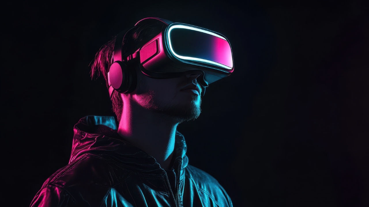A man wears VR goggles with an aqua and fuschia reflection on them. This is a generative AI image.
