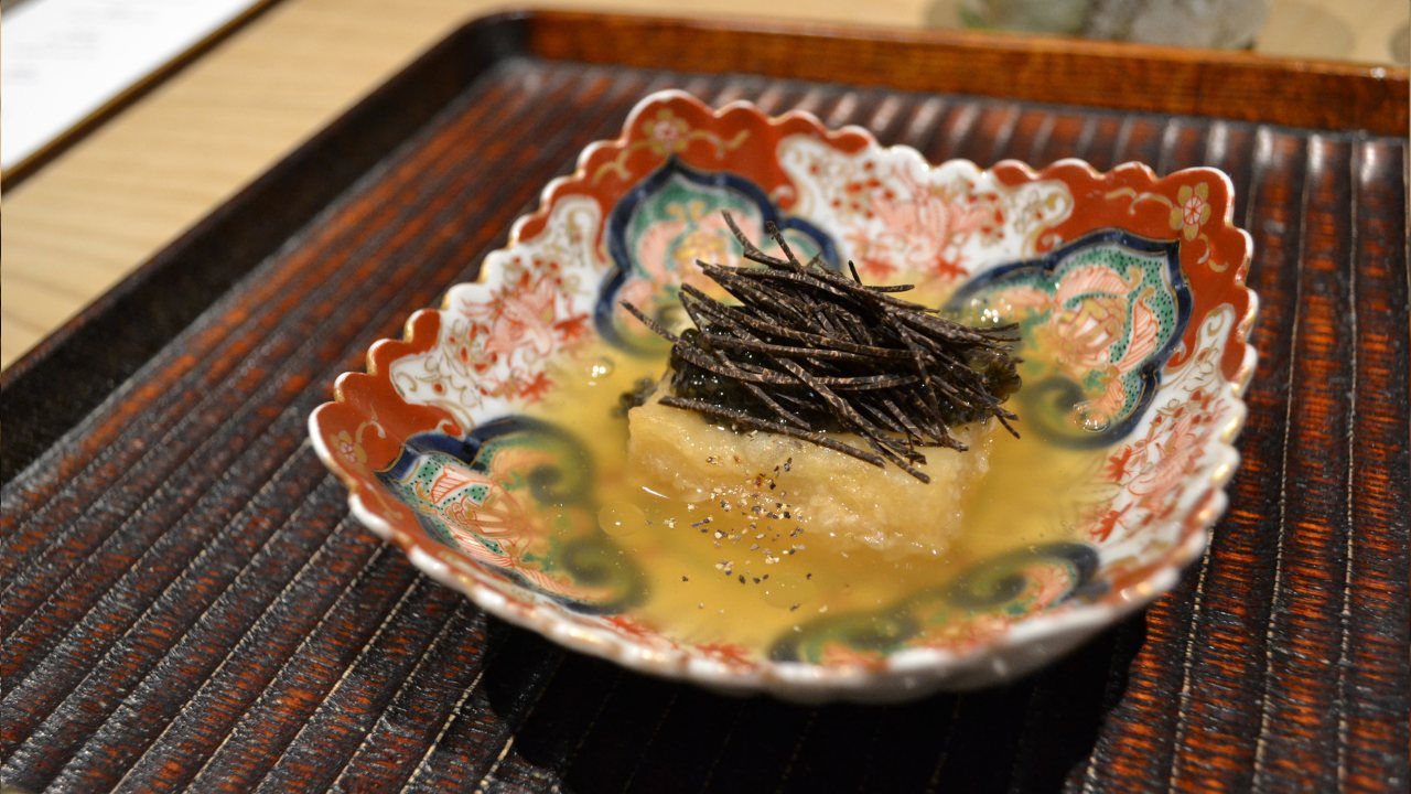 sesame tofu, katsuo dashi, hokkaido uni, osetra caviar, black truffle, black pepper