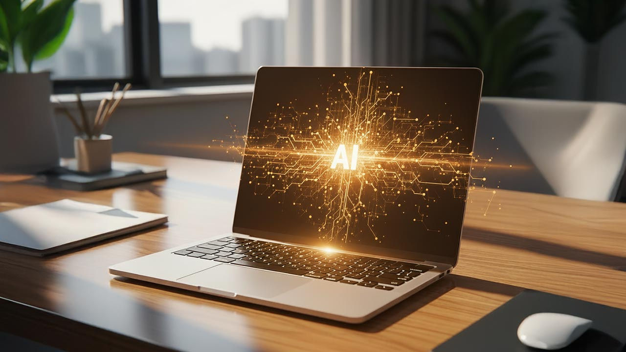 Powerful glowing AI on laptop screen.