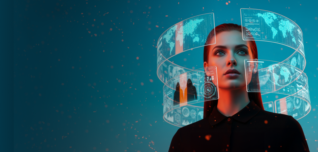 woman with screens around her.