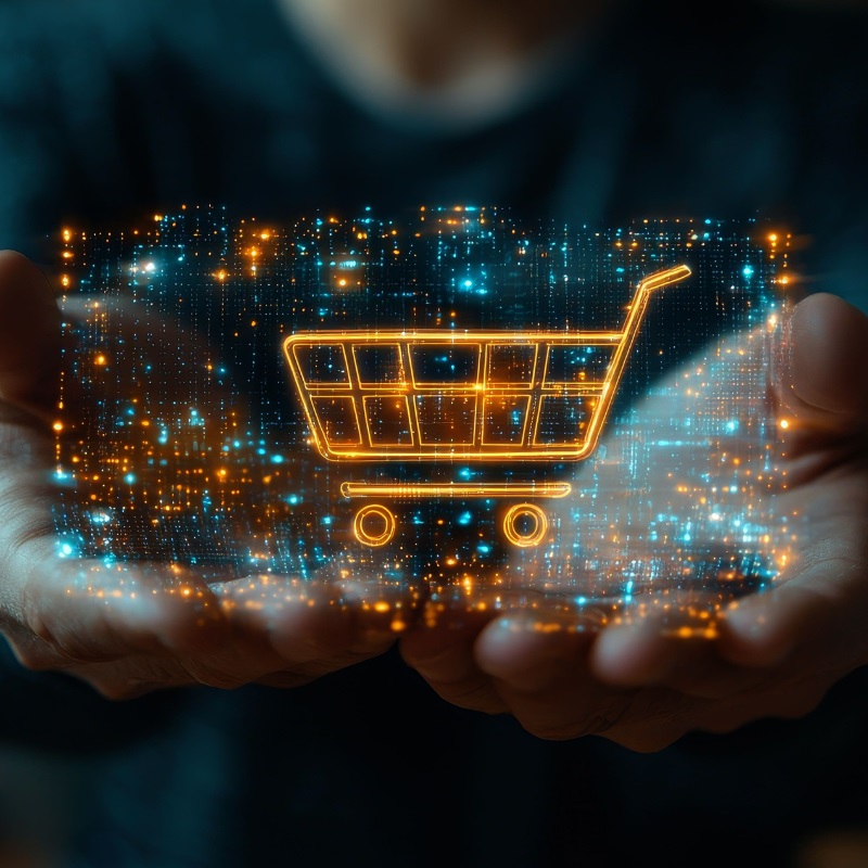 A shopping cart superimposed on top of a mobile phone screen with blue and orange  dots being held by a person's hands . 