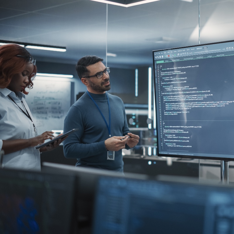 Colleagues look at a large screen with coding on it in an office. 