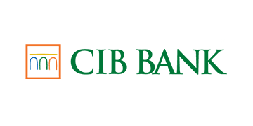 CIB Bank logó fekete háttéren, zöld felirattal és narancssárga ikonkerettel.