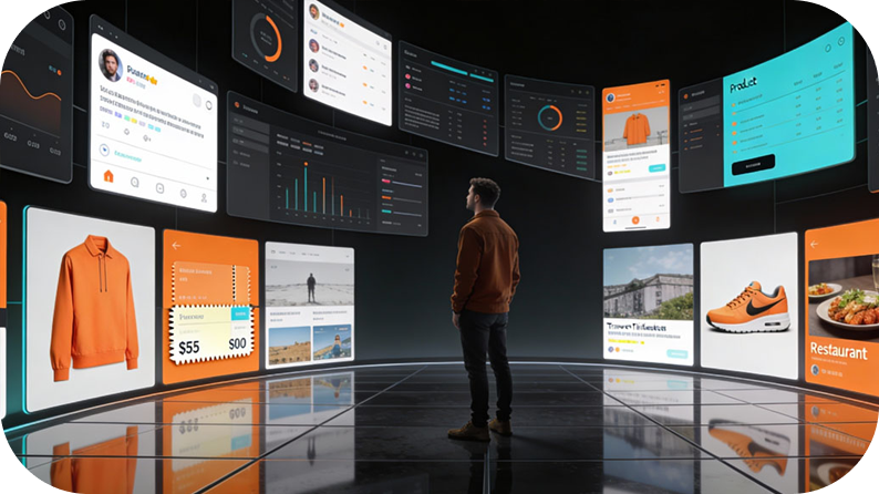 A man standing surrounded by a digital landscape