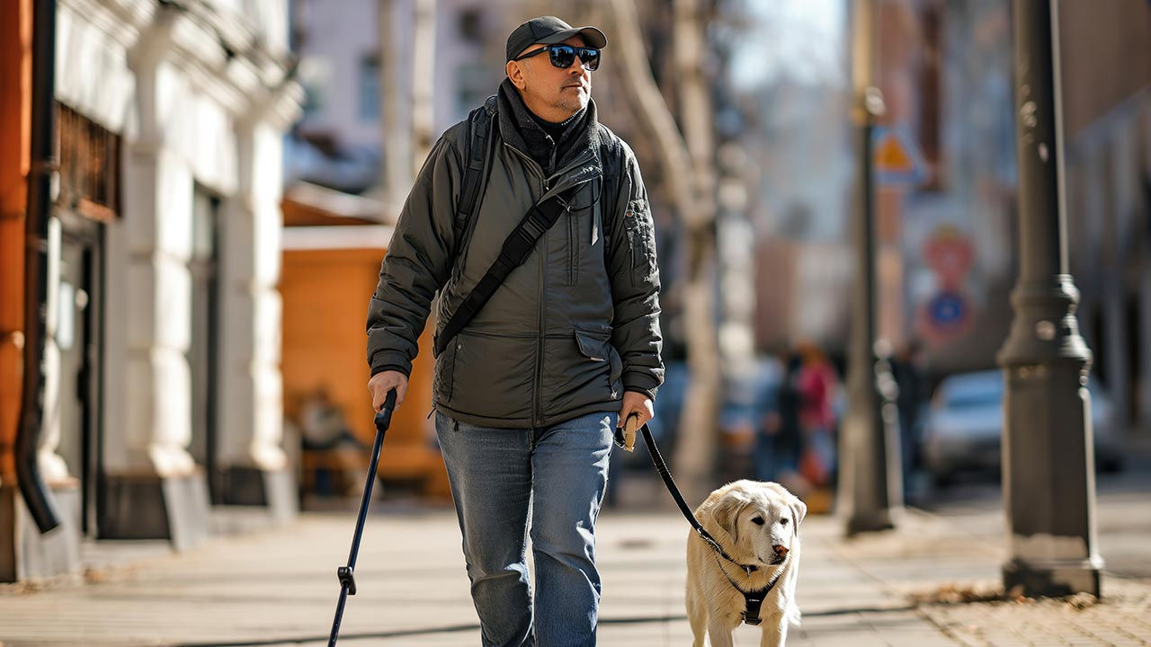 Sight impaired man walking in street with a service dog.
