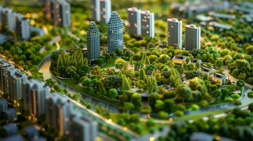 Созданный искусственным интеллектом изображение игры о строительстве города, показывающее высокие здания в зелёной городской среде.