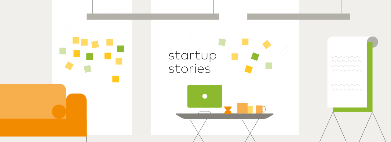 Иллюстрация с логотипом Startup Stories — компьютер на столе и диван рядом. 