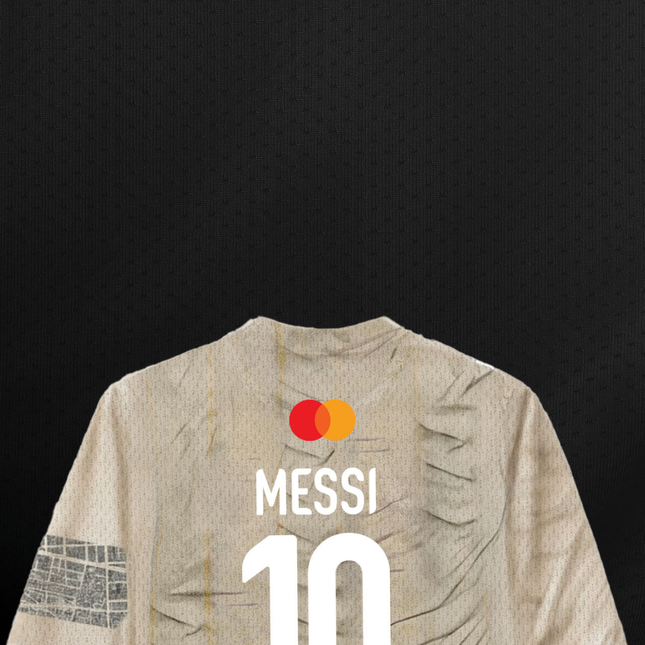 Back view of a limited-edition light-colored soccer jersey featuring the Mastercard logo, "MESSI", and the number "10" in bold white text, set against a dark textured background.
