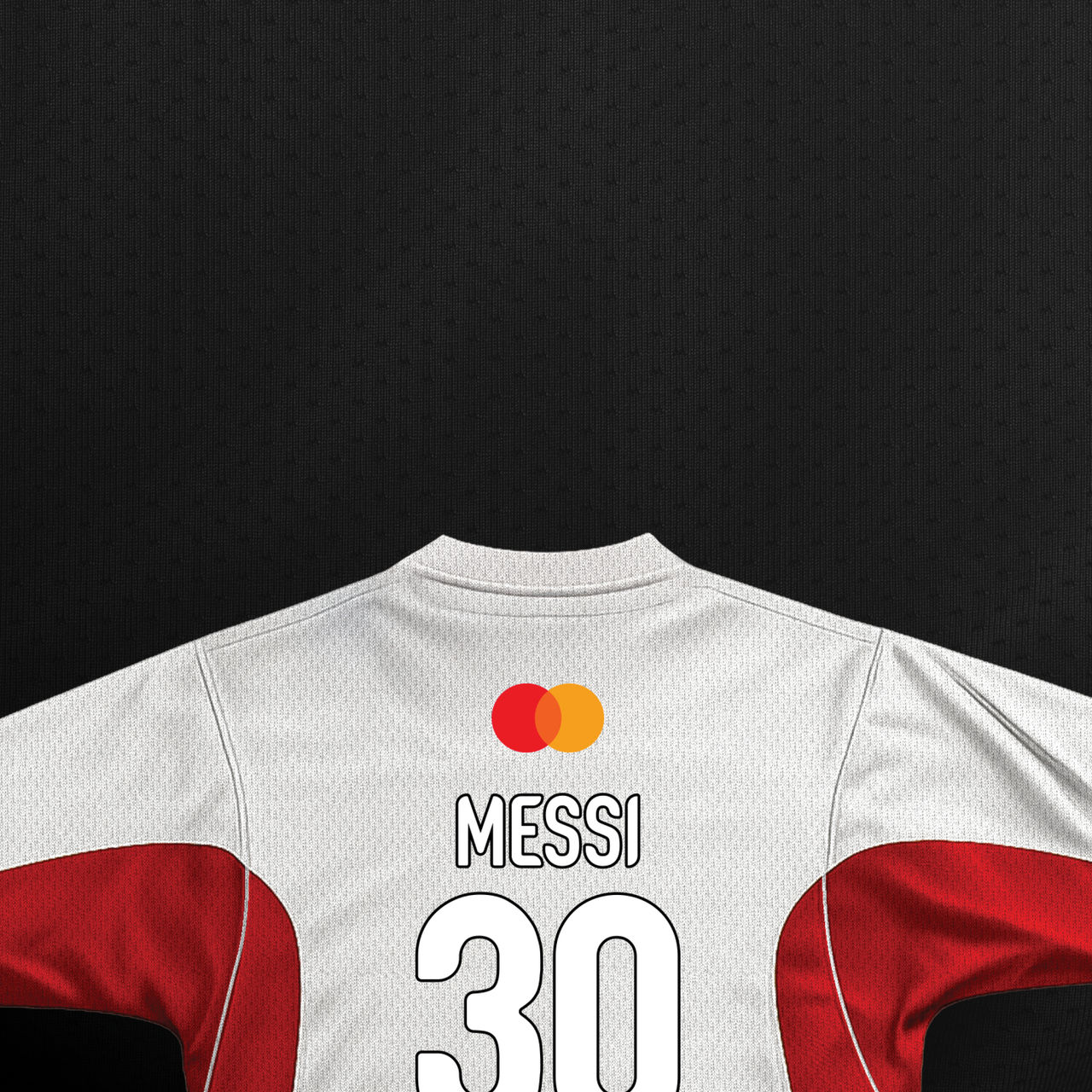 Back view of a white and red soccer jersey featuring the Mastercard logo, "MESSI", and the number "30" in white with black outlines, set against a dark textured background.