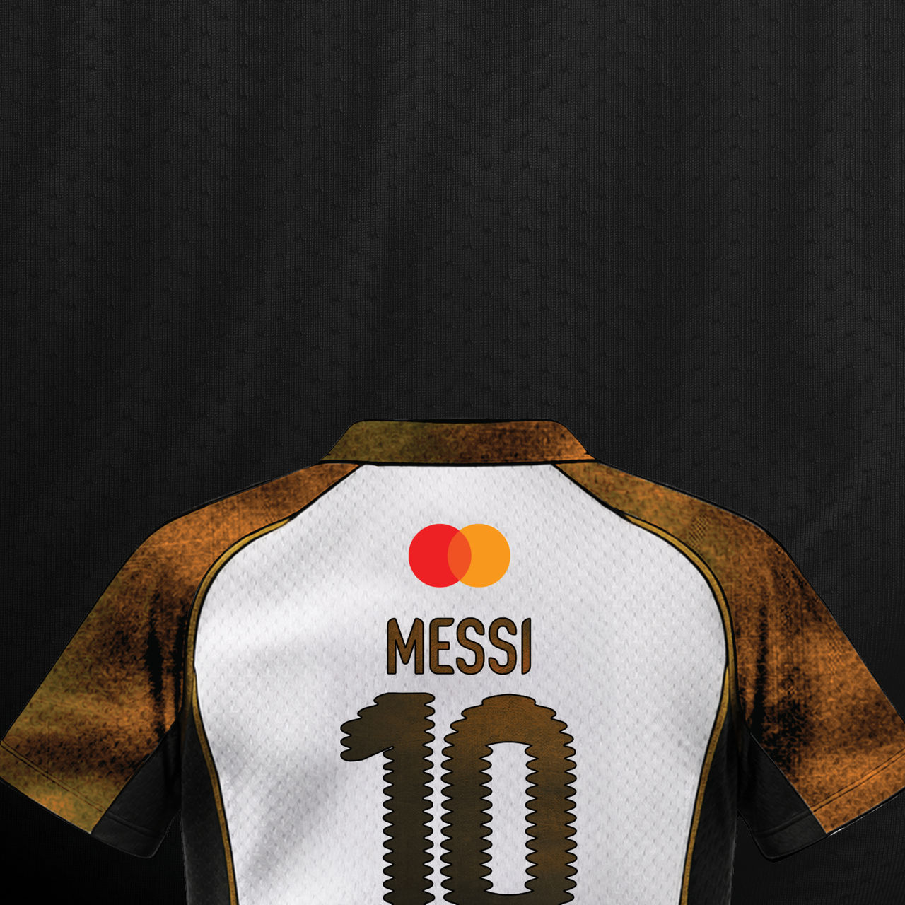 Back view of a white, black, and gold soccer jersey featuring the Mastercard logo, with "MESSI" and the number "10" styled in a unique textured gold and black pattern, set against a dark background.