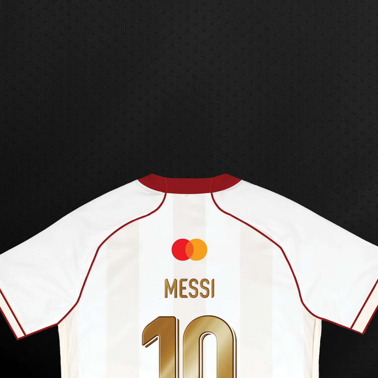 Back view of a white soccer jersey with faint vertical stripes, a red collar, red piping, the Mastercard logo, and "MESSI" alongside the number "10" in gold with black outlines, set against a dark background.