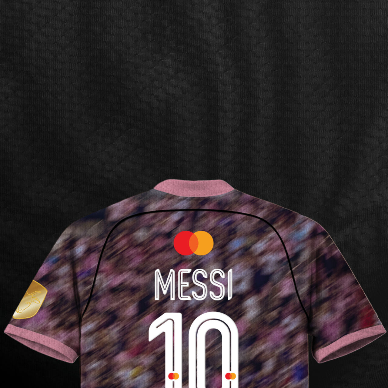 Back view of a soccer jersey with a motion-blurred crowd print in shades of purple and pink, pink trim on the collar and sleeves, the Mastercard logo, and "MESSI" with the number "10" in white outline font, set against a dark background.