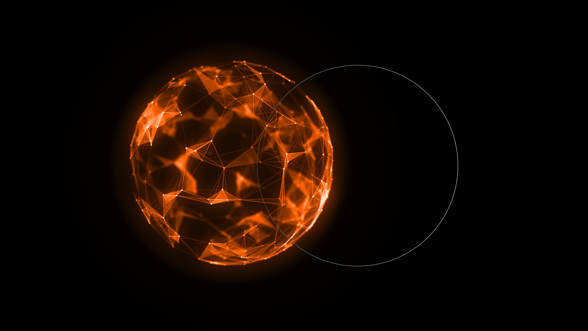 Globe numérique abstrait avec des lignes de réseau orange brillantes sur un fond sombre.