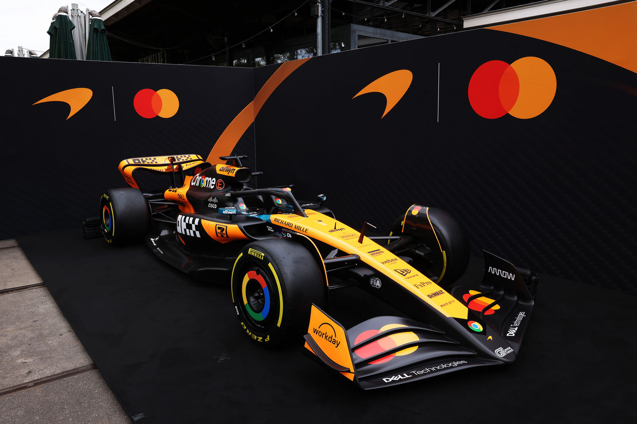 AMSTERDAM, NETHERLANDS - AUGUST 27: A detail view of the McLaren livery as McLaren Racing Announces Mastercard as Official Naming Partner of McLaren Formula 1 Team from 2026 at Gashouder Westergasfabriek on August 27, 2025 in Amsterdam, Netherlands. (Photo by Andrew Ferraro/Getty Images for Mastercard)
