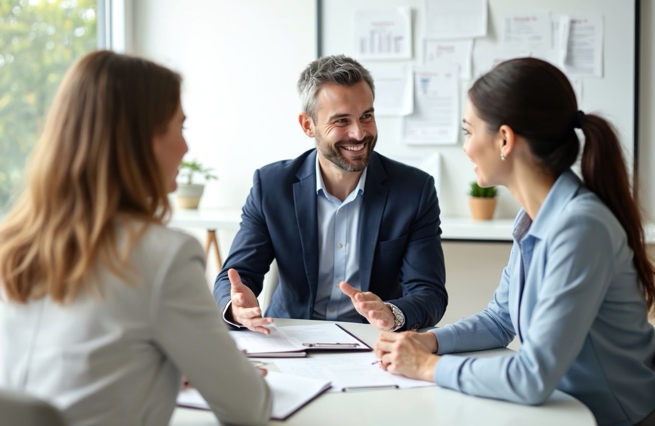Business meeting between financial advisor, clients. Man woman consult with realtor in office. Financial advisor with business partners discussing real estate purchase investment strategy. Smiling