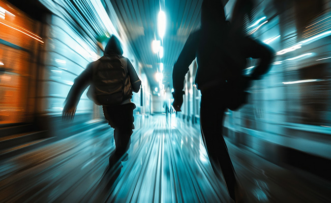 Two people running in a hallway with motion blur to simulate speed