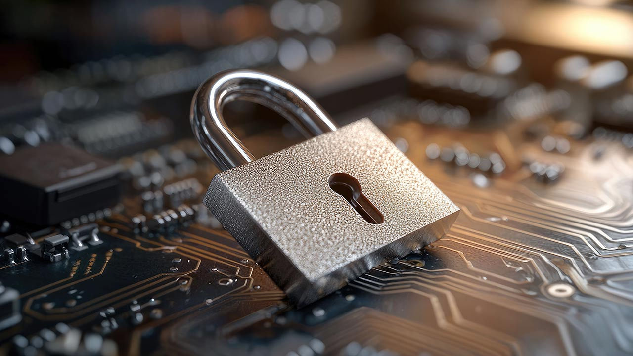 Physical lock sitting on circuit board.