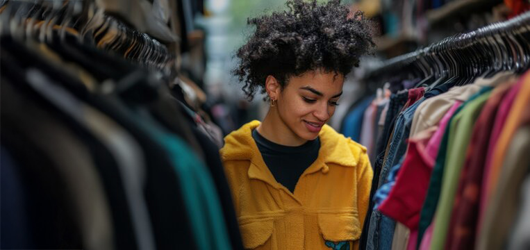 Woman customer checking collection at clothing store.