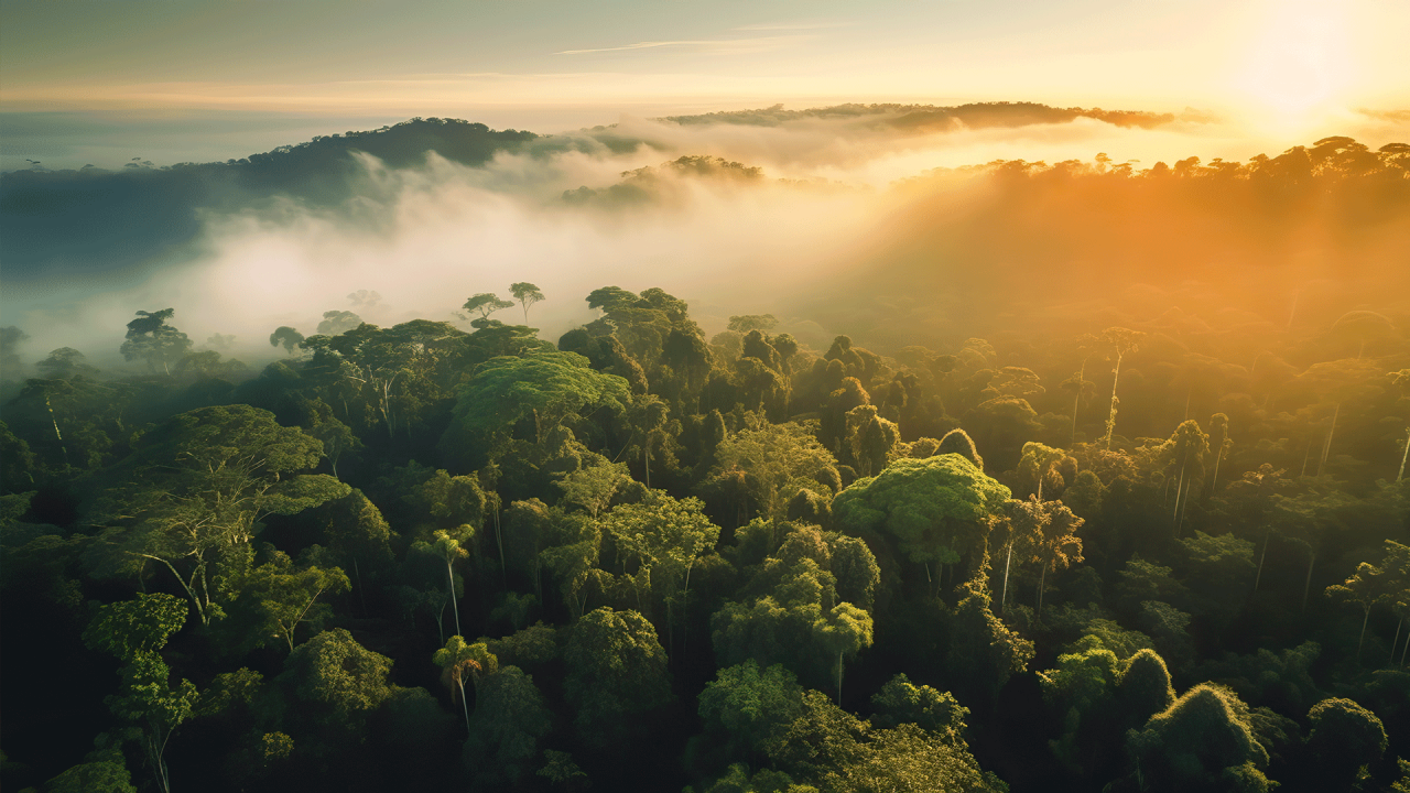 Aerial view of a misty rainforest.
