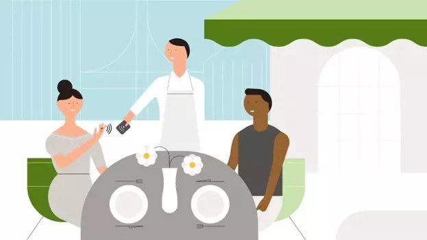 Couple paying with their phone illustration