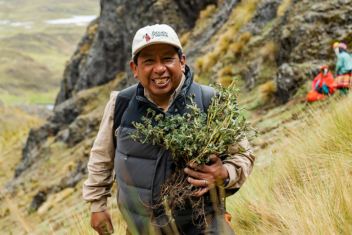 Constantino Aucca Chutas holds a sapling during a tree-planting event. 