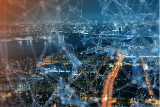 A busy city at night