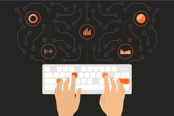 A person typing on a keyboard with cyber graphics. 