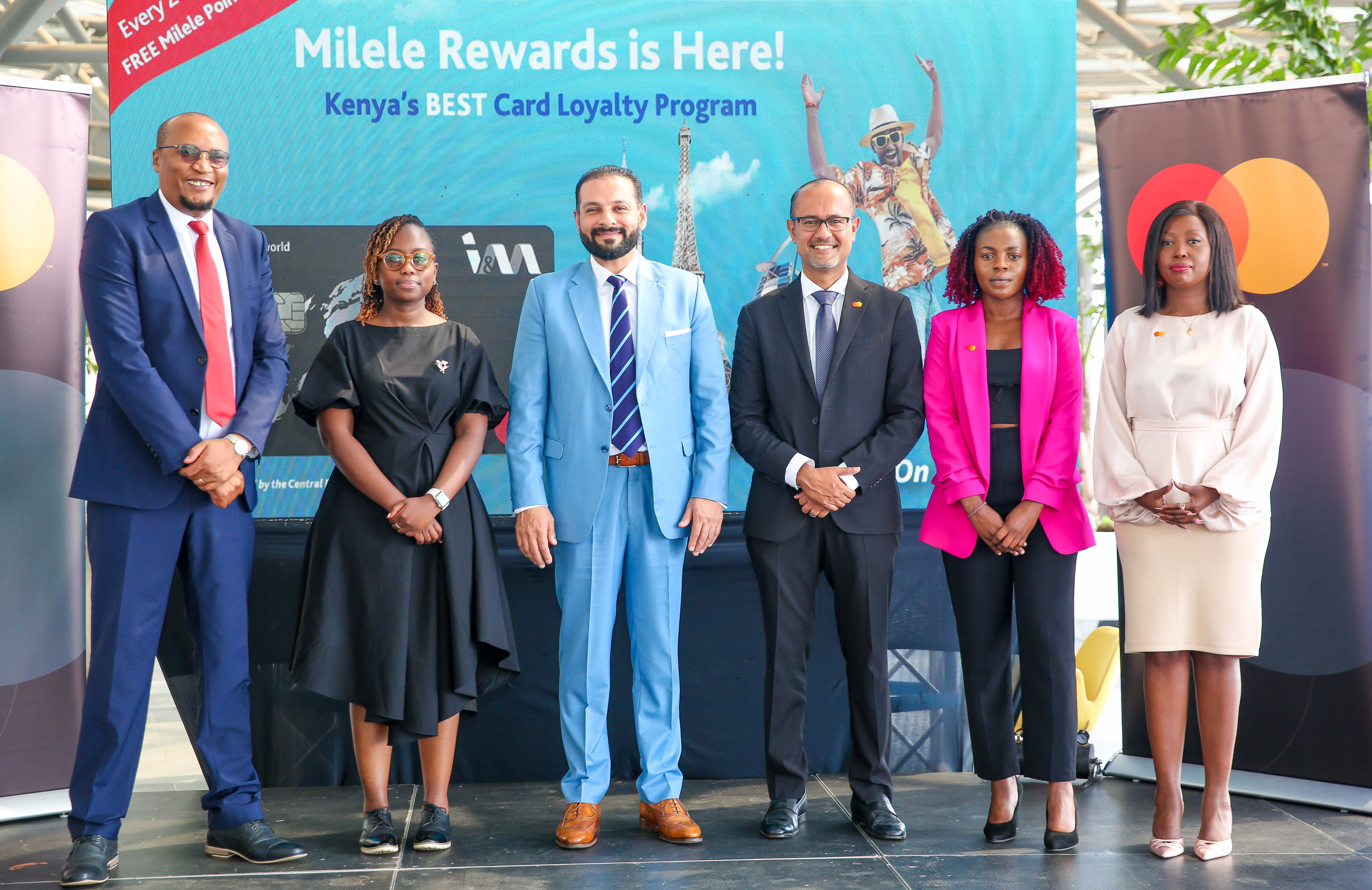 L-R: I&M Bank Head of Distribution and Premium Banking Stanley Gachoki, I&M Bank Senior Manager Card Business Stephanie Kombe, I&M Bank Kenya CEO Gul Khan, Mastercard Senior Vice President & Country Manager for East Africa & Indian Ocean Islands Shehryar Ali, Mastercard Senior Analyst Account Management Lucy Juma and Kanyi Mwangi, Director, Communications at Mastercard pose for a photo after unveiling the I&M Milele Rewards card loyalty program at I&M Bank’s Parklands Head Office.
