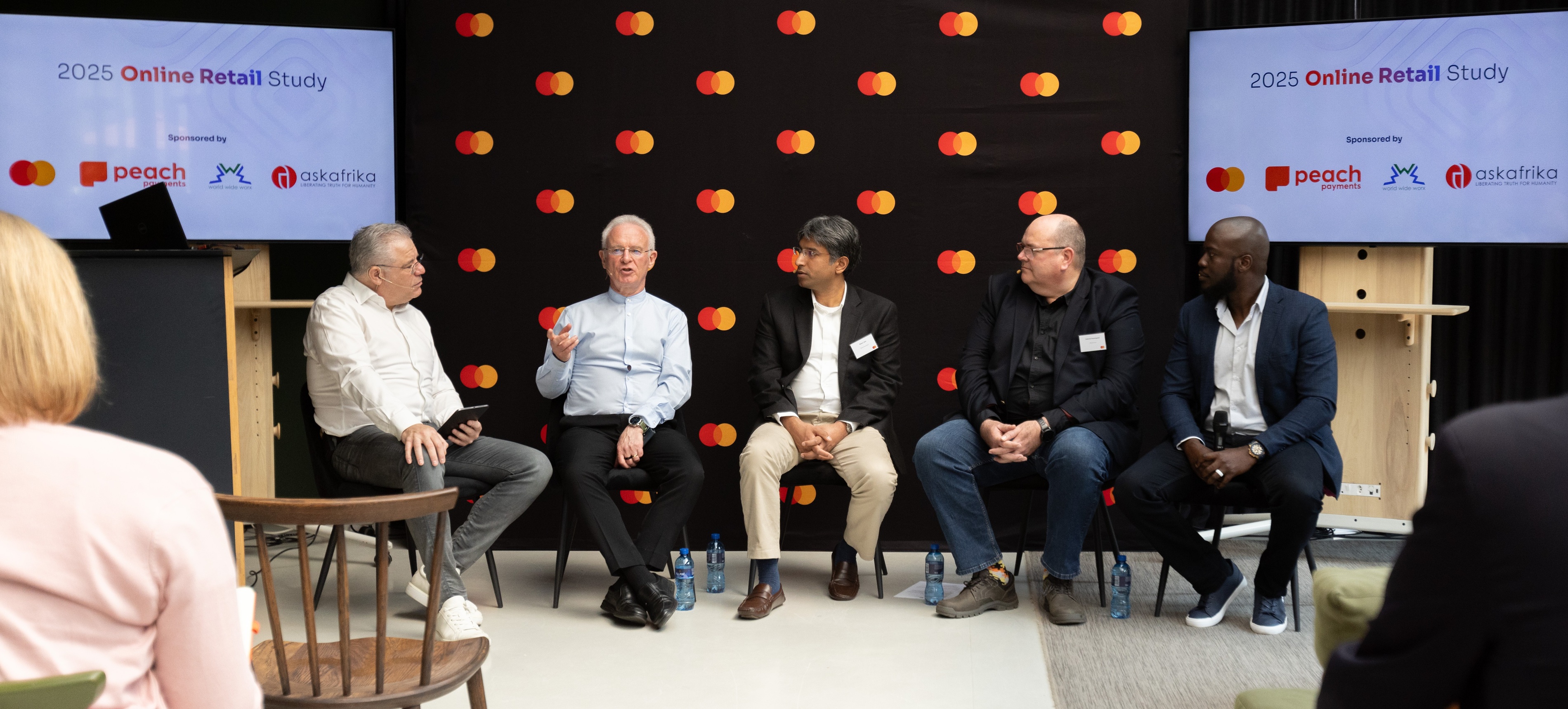 MyBroadband podcast host Aki Anastasiou (left), World Wide Worx CEO Arthur Goldstuck, Peach Payments CEO & Co-Founder Rahul Jain, Mastercard Southern Africa Country Manager Gabriël Swanepoel, and Ask Afrika Chief Commercial Officer Christian Nee-Whang (right). Image source: Mastercard.