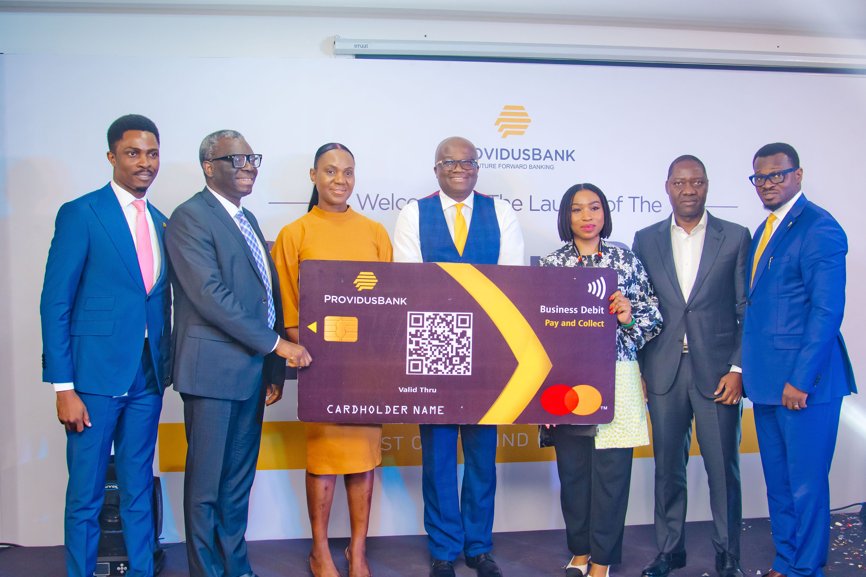 L-R: Head Card Business, ProvidusBank, Lanre Ogundare; Deputy Managing Director, ProvidusBank, Kingsley Aigbokhaevbo; Country Manager and Area Business Head, West Africa, Mastercard, Ebehijie Momoh; MD/CEO ProvidusBank, Walter Akpani; Vice President, Customer Solutions Center, East & West Africa, Mastercard, Kari Tukur; Executive Director, ProvidusBank, Deoye Ojuroye and GH, E-Business, ProvidusBank, Elliott Sangoleye, at the Mastercard and ProvidusBank Amphi Card launch event in Lagos on November 28, 2023.