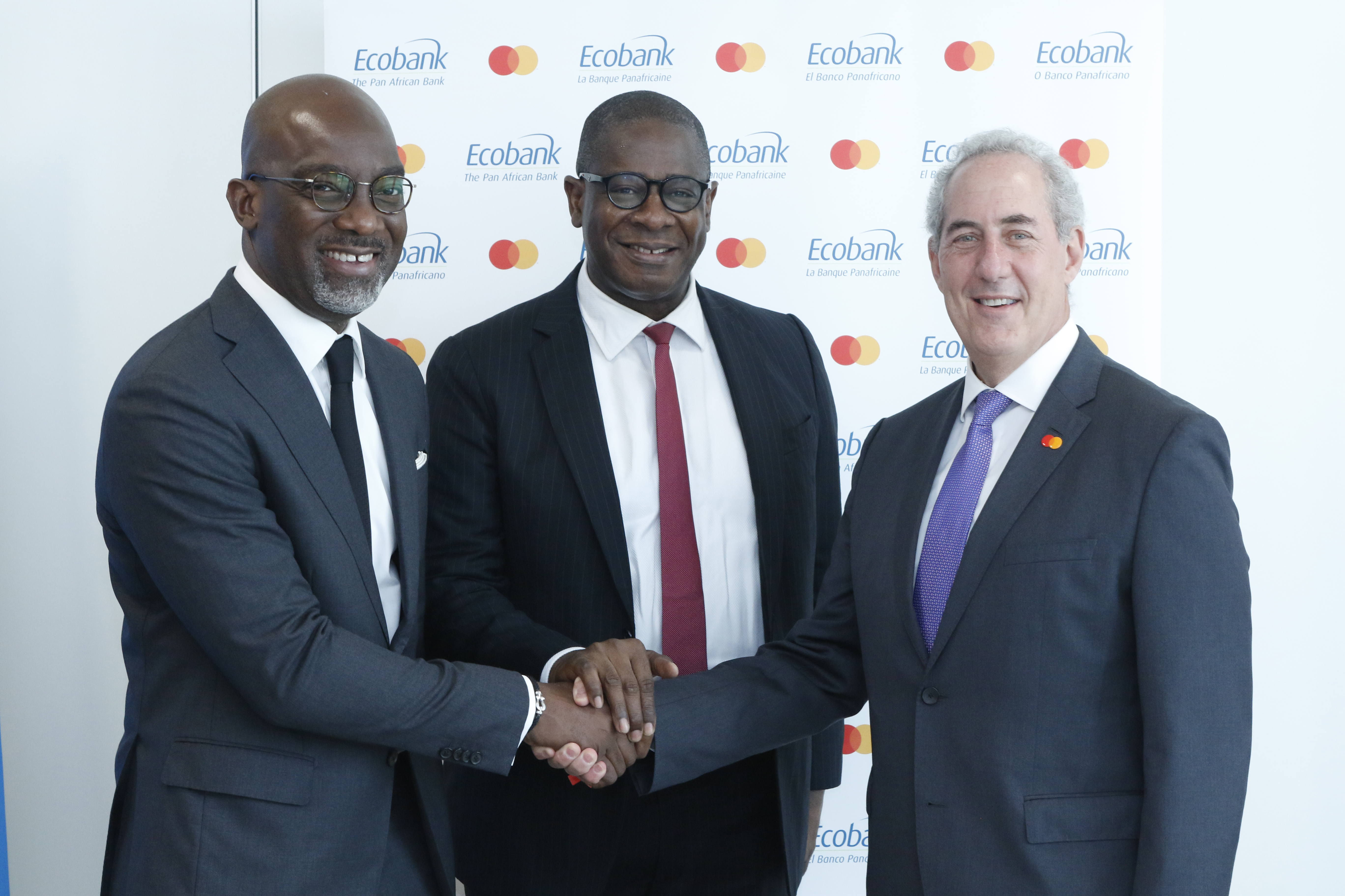 Harry Aithnard, Regional Executive Director of UEMOA, Ecobank (left), Solomon Quaynor, Vice President for Private Sector, Infrastructure and Industrialization, African Development Bank Group (centre) and Michael Froman, Vice Chairman and President, Strategic Growth for Mastercard (right), at the signing ceremony of Mastercard’s Farm Pass partnership agreement with Ecobank Group held on the sidelines of the Africa CEO Forum in Abidjan, Cote d’Ivoire
