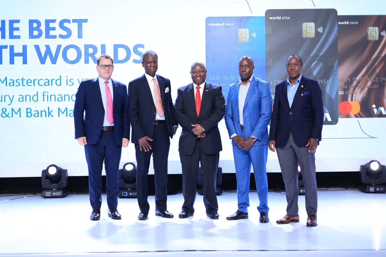 (L-R) Robin Bairstow, CEO of I&M Bank Limited, Suleiman Kiggundu, Non-Executive Chairman of I&M Bank Uganda Limited, Victor Ndlovu, Director and Business Development Lead for East Africa at Mastercard, Francis Kamulegeya, Non-Executive Director of I&M Bank Uganda and Francis Magambe Byaruhanga Non-Executive Director of I&M Bank Uganda during the launch of the new range of I&M World Elite Card Mastercard in Uganda.