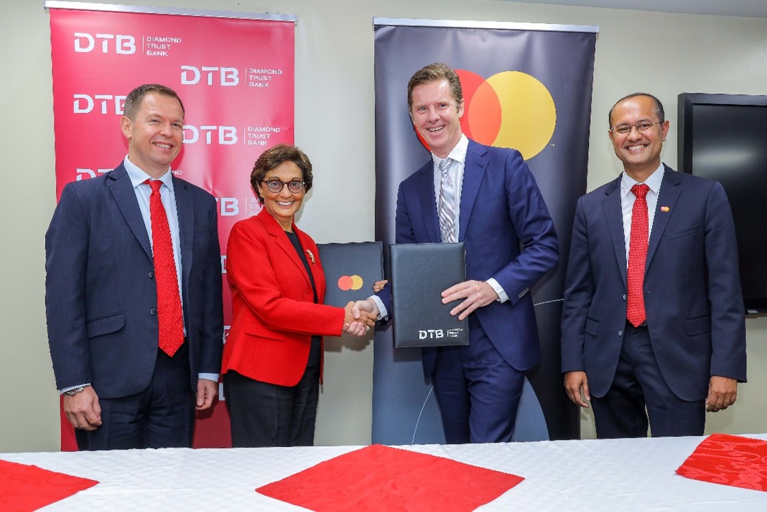 (Left to Right): Jamie Loden, Chief Operating Officer, Diamond Trust Bank (DTB); Nasim Devji, Group CEO and Managing Director, Diamond Trust Bank (DTB); Mark Elliott, Division President for Sub-Saharan Africa, Mastercard and Shehryar Ali, Country Manager for East Africa, Mastercard during the agreement signing that will innovate the payments ecosystem and help fintechs scale.