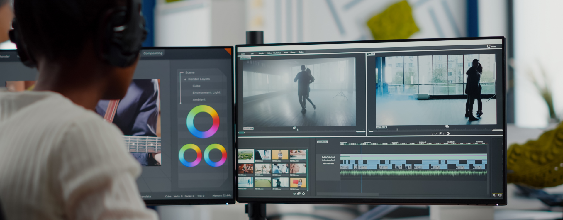 A woman looks at a computer screen where she is editing video.